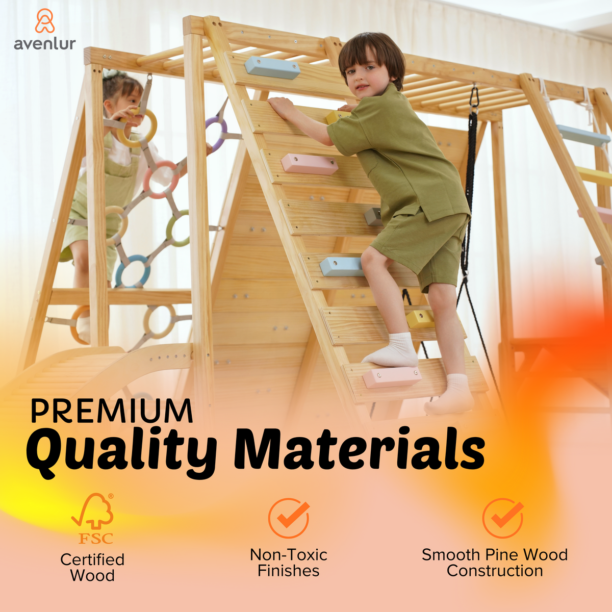 Avenlur Sweetgum Jumbo Indoor Wooden Playset – 8-in-1 Climber with Slide, Swing & Rock Wall