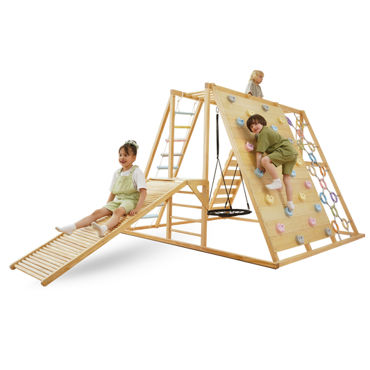 Avenlur Sweetgum Jumbo Indoor Wooden Playset – 8-in-1 Climber with Slide, Swing & Rock Wall