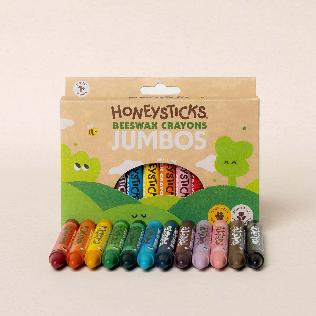 Honeysticks Jumbo Beeswax Crayons for Kids 3+ – Non-Toxic, Pencil-Grip, 12 Pack