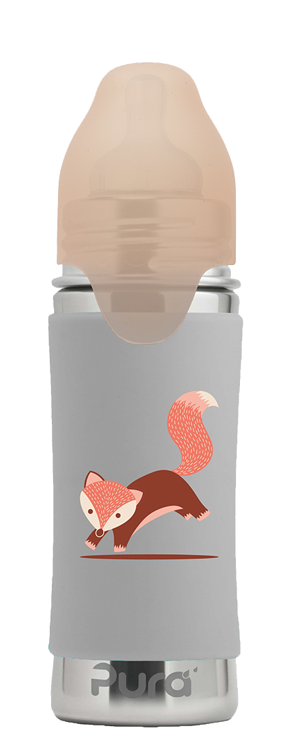 Pura Kiki stainless steel baby bottle with silicone sleeve.