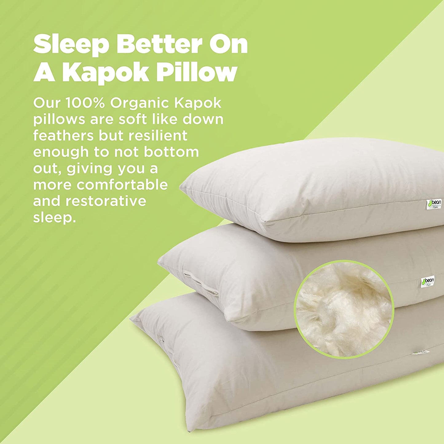 Organic Kapok Sleep Bed Pillows with 100% Organic Cotton Fabric - Plant Based Vegan