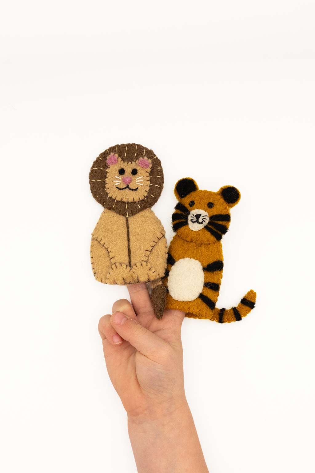 Lion & Tiger Finger Puppet Set – Handmade Wool Felt Pretend Play Toy