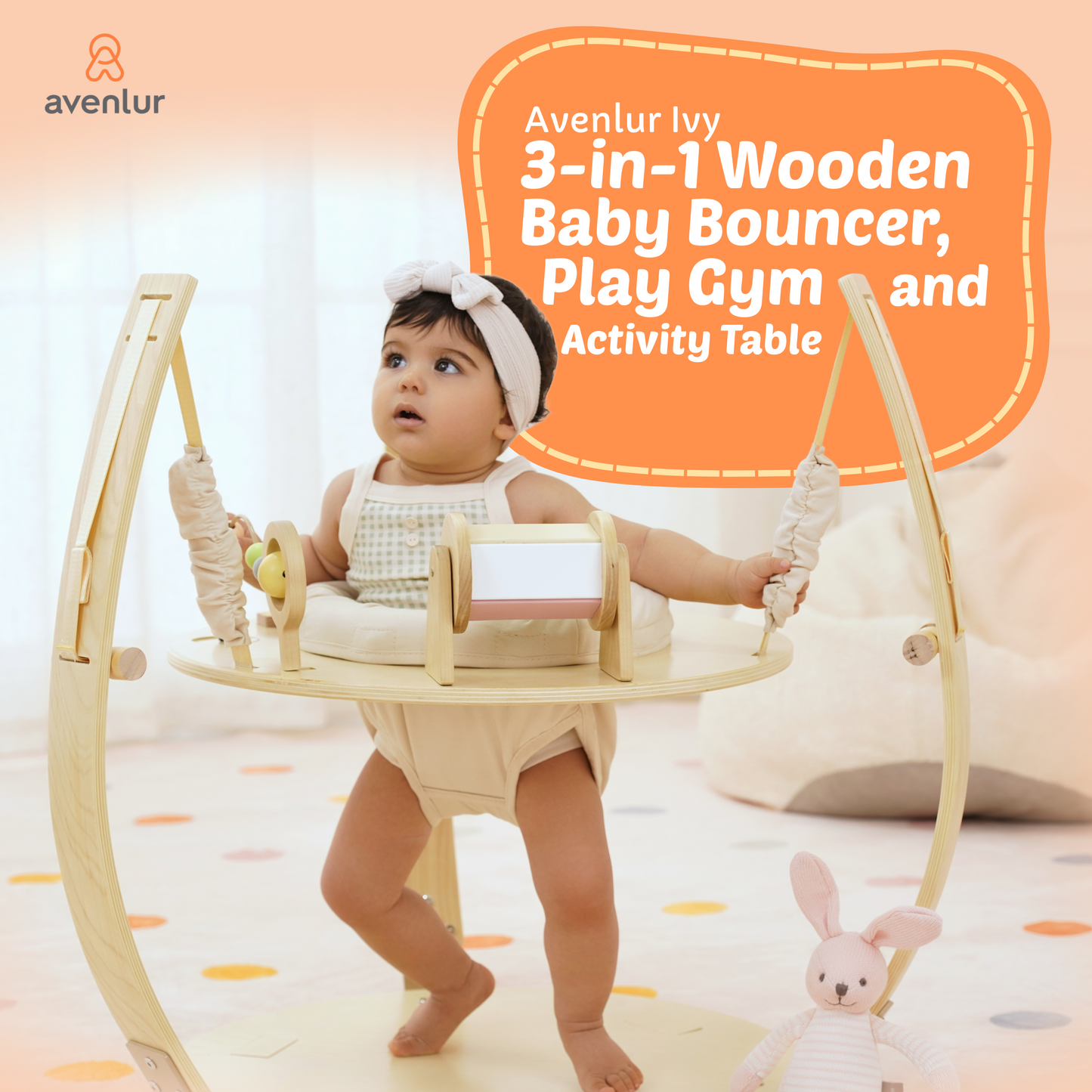 Avenlur Ivy | 3-in-1 Wooden Baby Bouncer,  Gym & Toddler Activity Table