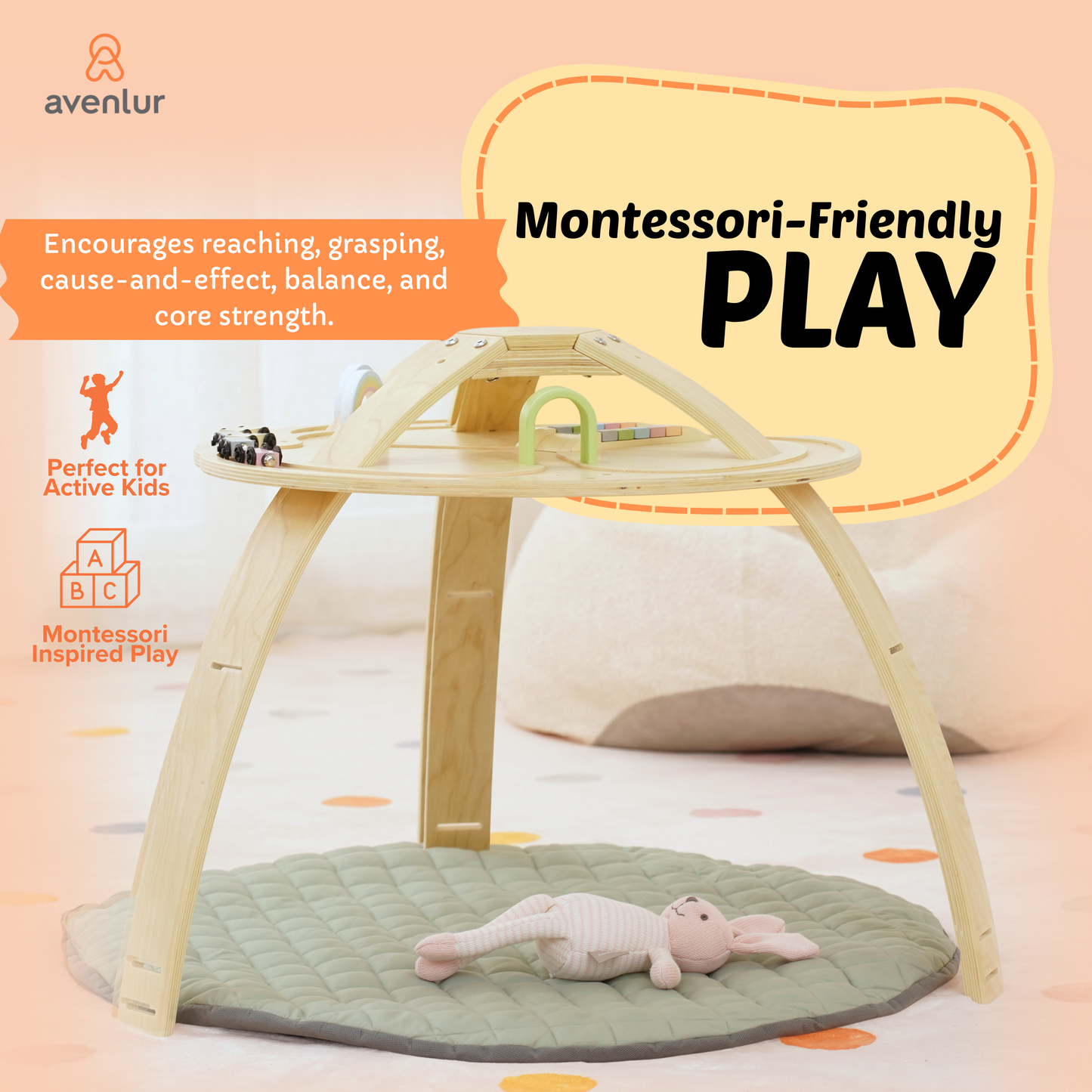 Avenlur Ivy | 3-in-1 Wooden Baby Bouncer,  Gym & Toddler Activity Table