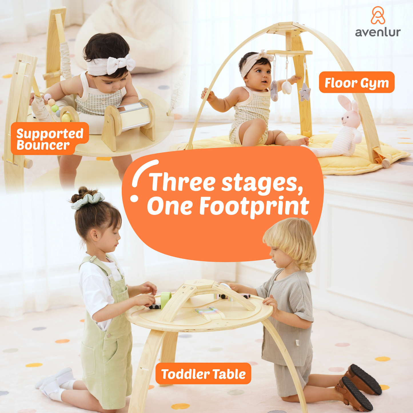 Avenlur Ivy | 3-in-1 Wooden Baby Bouncer,  Gym & Toddler Activity Table
