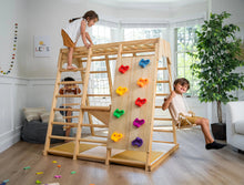 Load image into Gallery viewer, three kids playing on the eco-friendly indoor wooden play set hanging ladder climbing toy swing by avenlur
