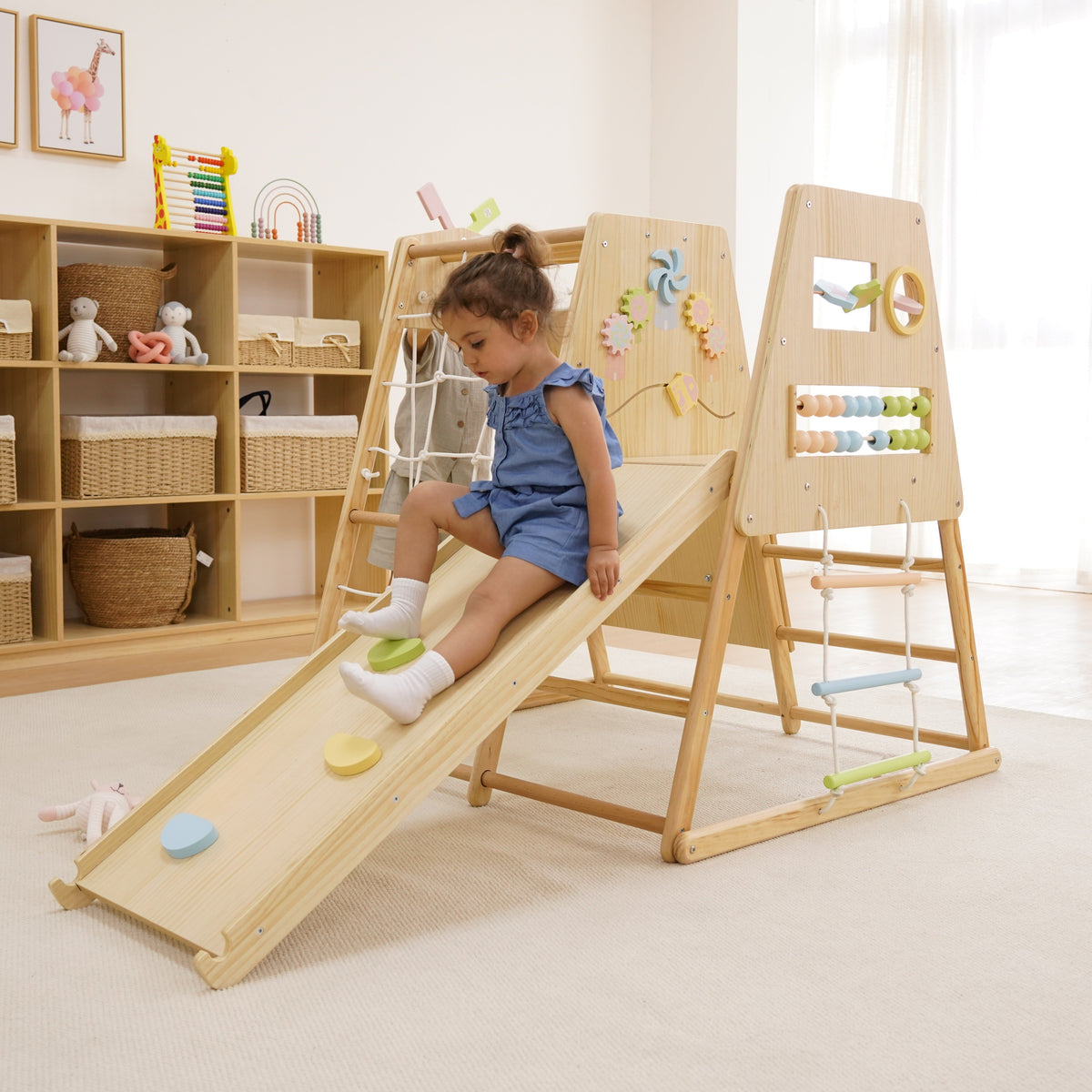 Avenlur Cherry 5-in-1 Wooden Indoor Climber with Slide – New Zealand Pine Montessori Play Gym