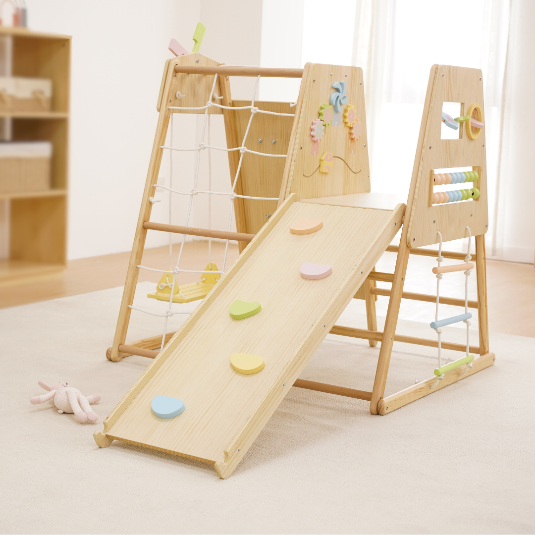 Avenlur Cherry 5-in-1 Wooden Indoor Climber with Slide – New Zealand Pine Montessori Play Gym