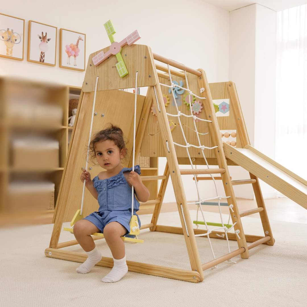 Avenlur Cherry 5-in-1 Wooden Indoor Climber with Slide – New Zealand Pine Montessori Play Gym