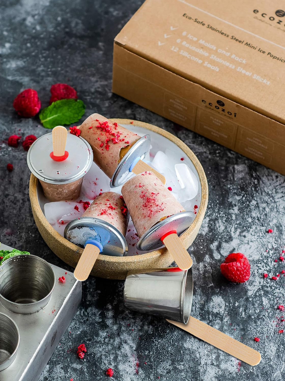 Stainless Steel Popsicle Molds, 6 Mini Rounds with Reusable Bamboo Sticks