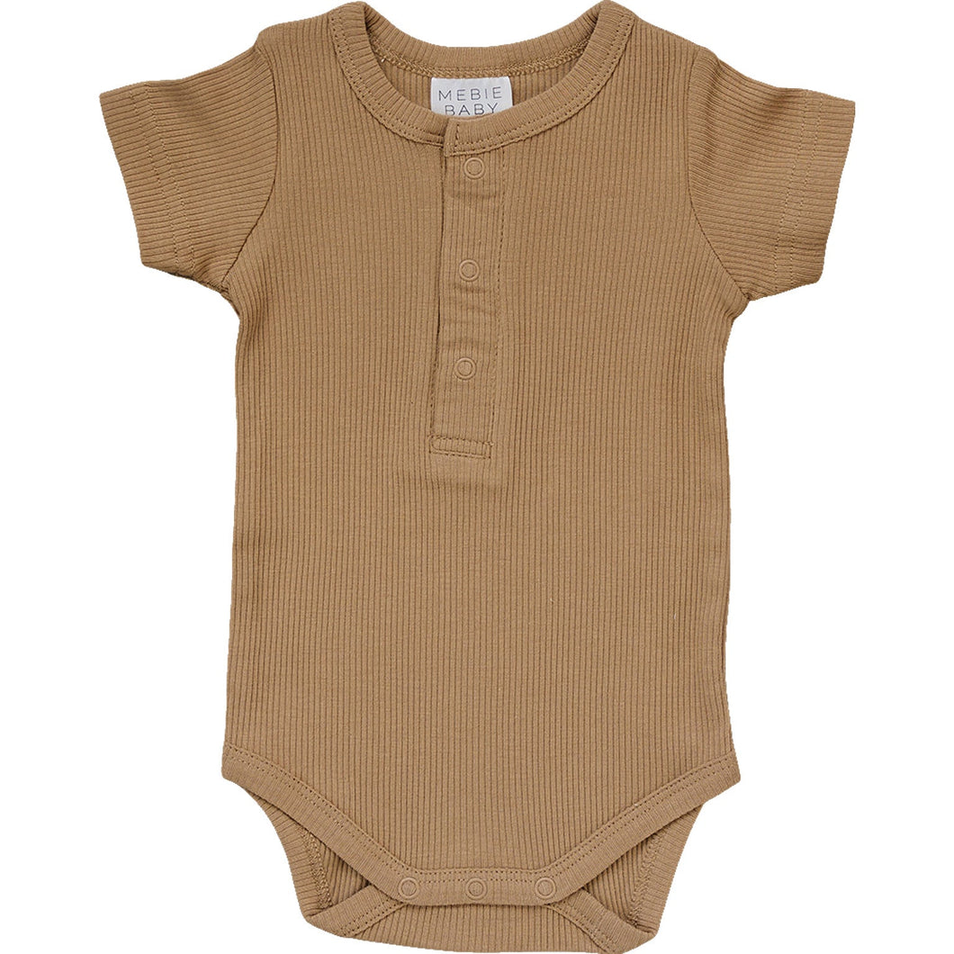 Mebie Baby Organic Ribbed Short Sleeve Bodysuit with Snaps | Cafe