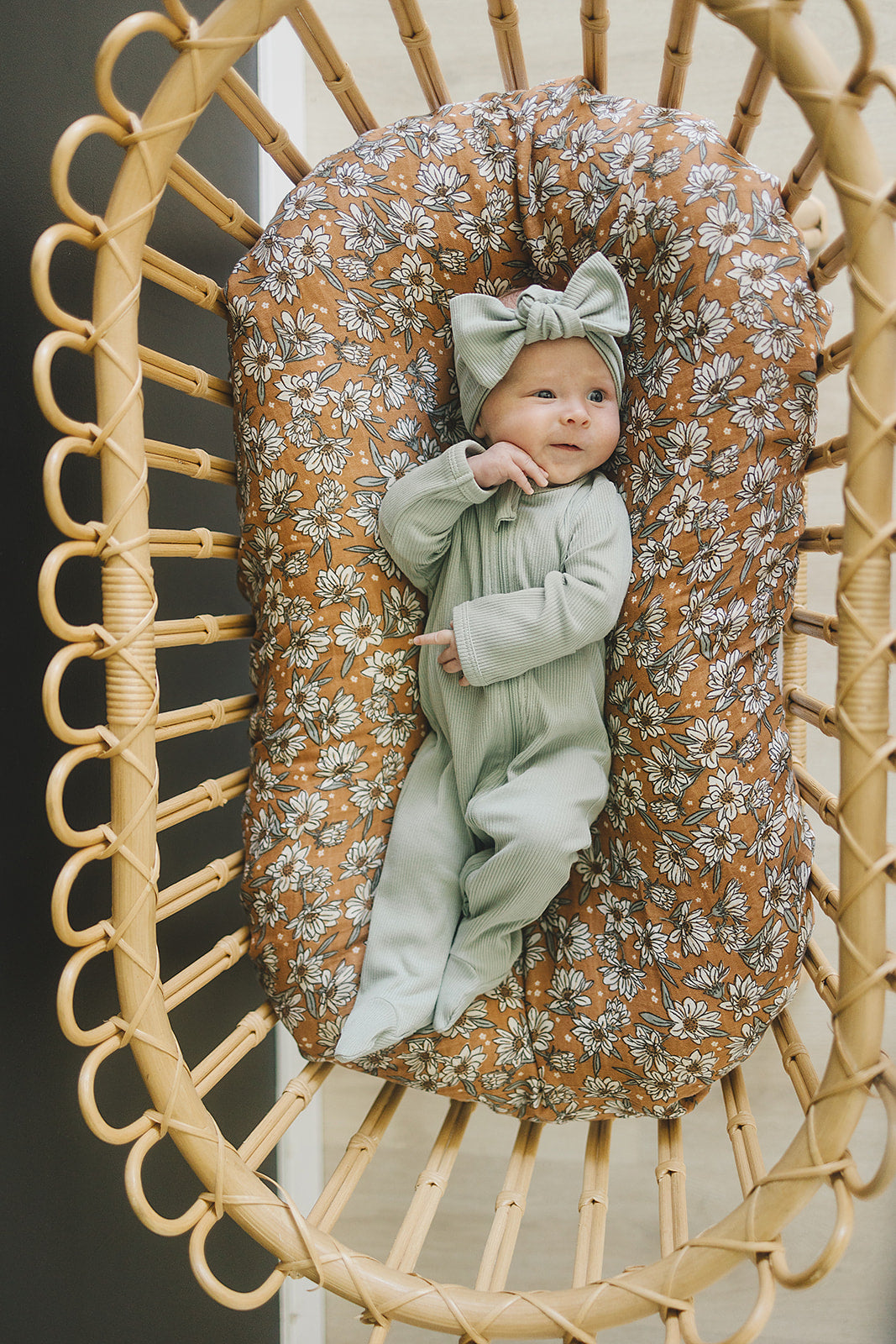 Mebie Baby Sage Organic Cotton Ribbed Bow Head Wrap