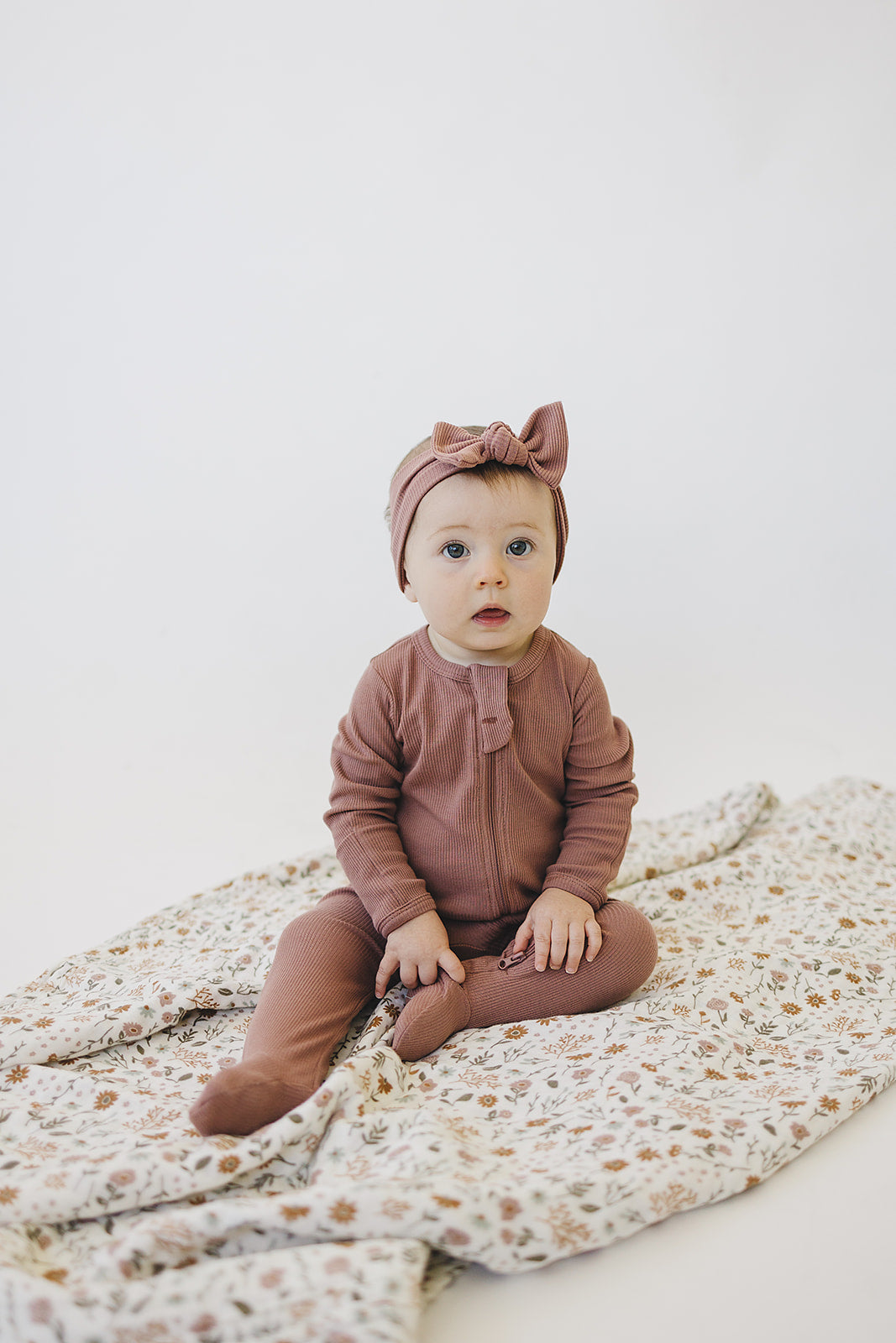 Mebie Baby Organic Cotton Ribbed Zipper Footed Pajamas Onesie | Dusty Rose
