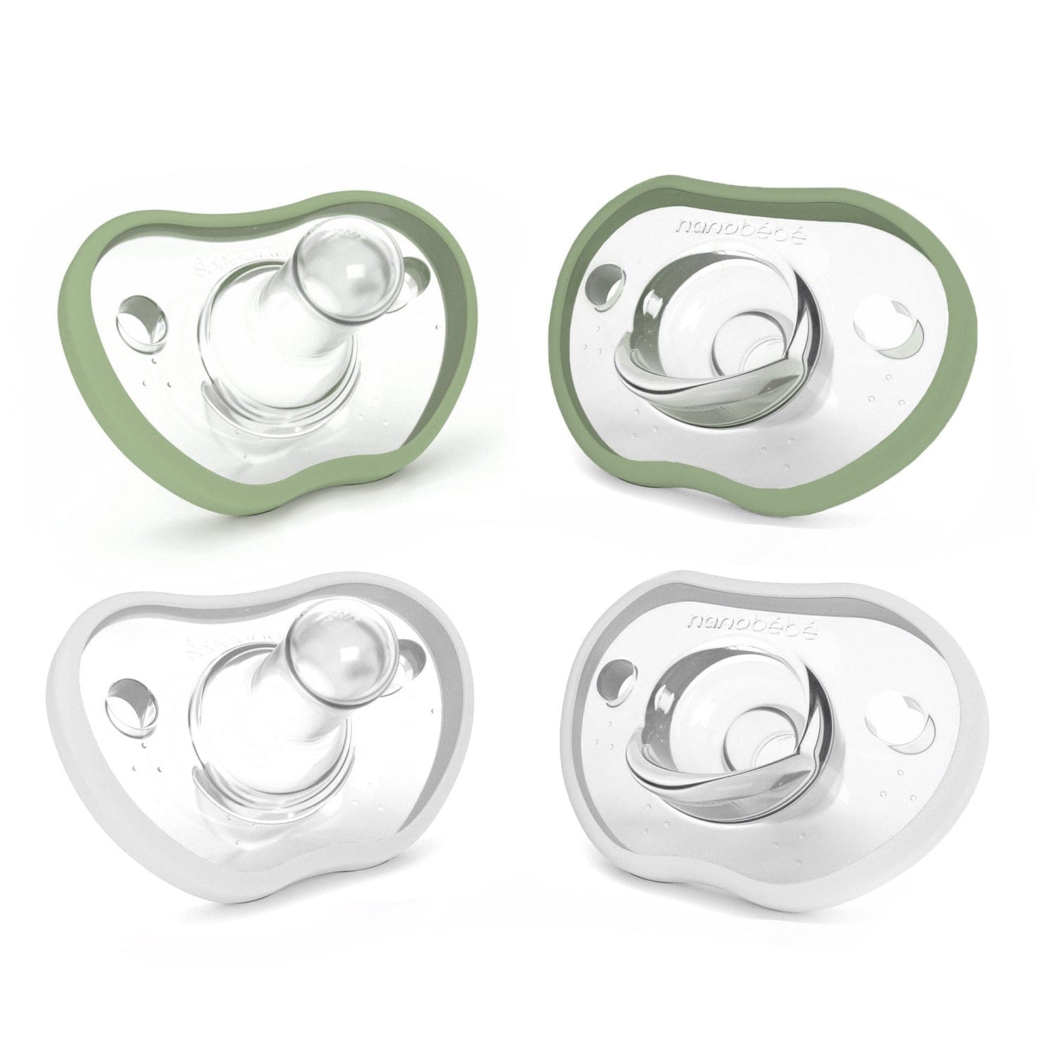A four-pack of Nanobebe Flexy silicone pacifiers in sage and white.