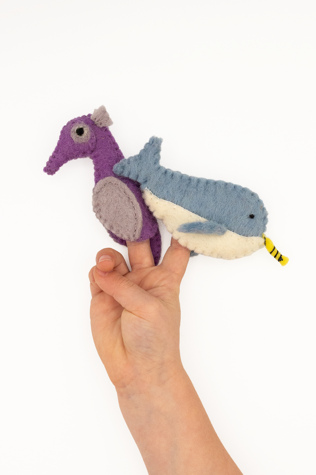 Narwhal & Seahorse Finger Puppet Set – Handmade Wool Felt Pretend Play Toy