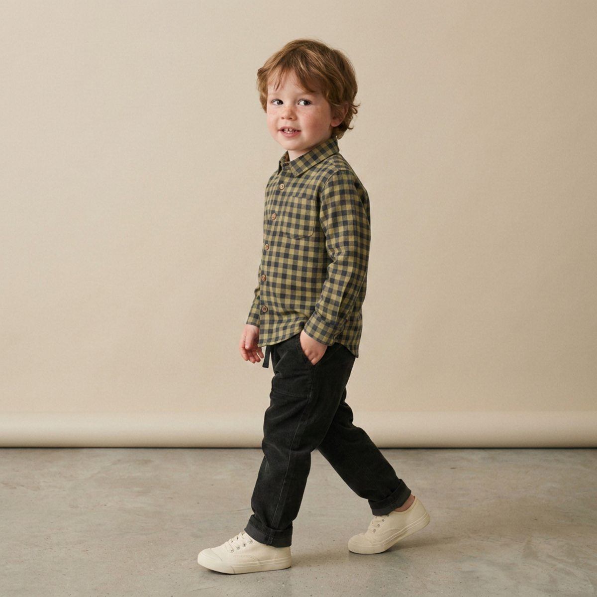 Organic Collared Long Sleeve Shirt for Toddlers – Olive Gingham