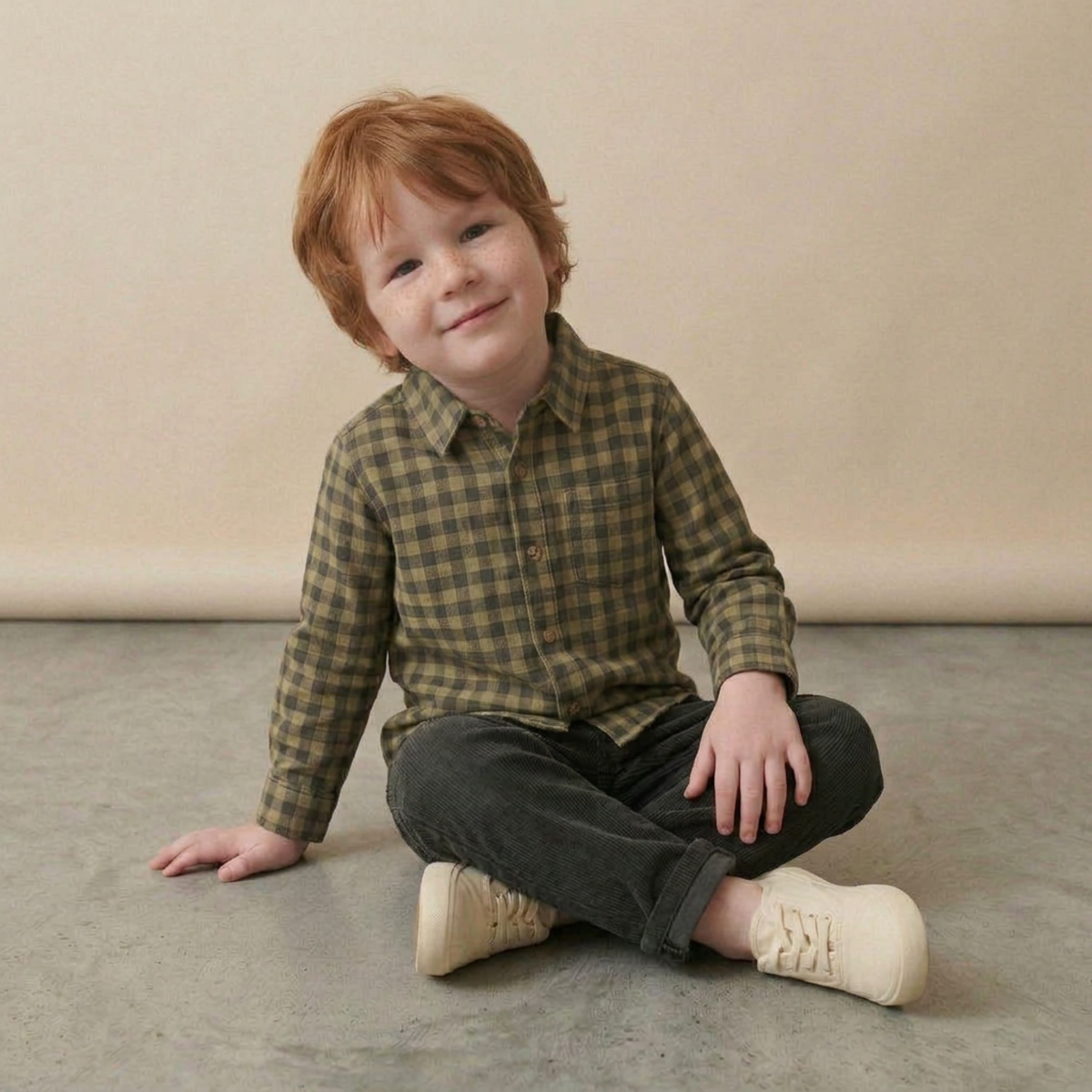 Organic Collared Long Sleeve Shirt for Toddlers – Olive Gingham