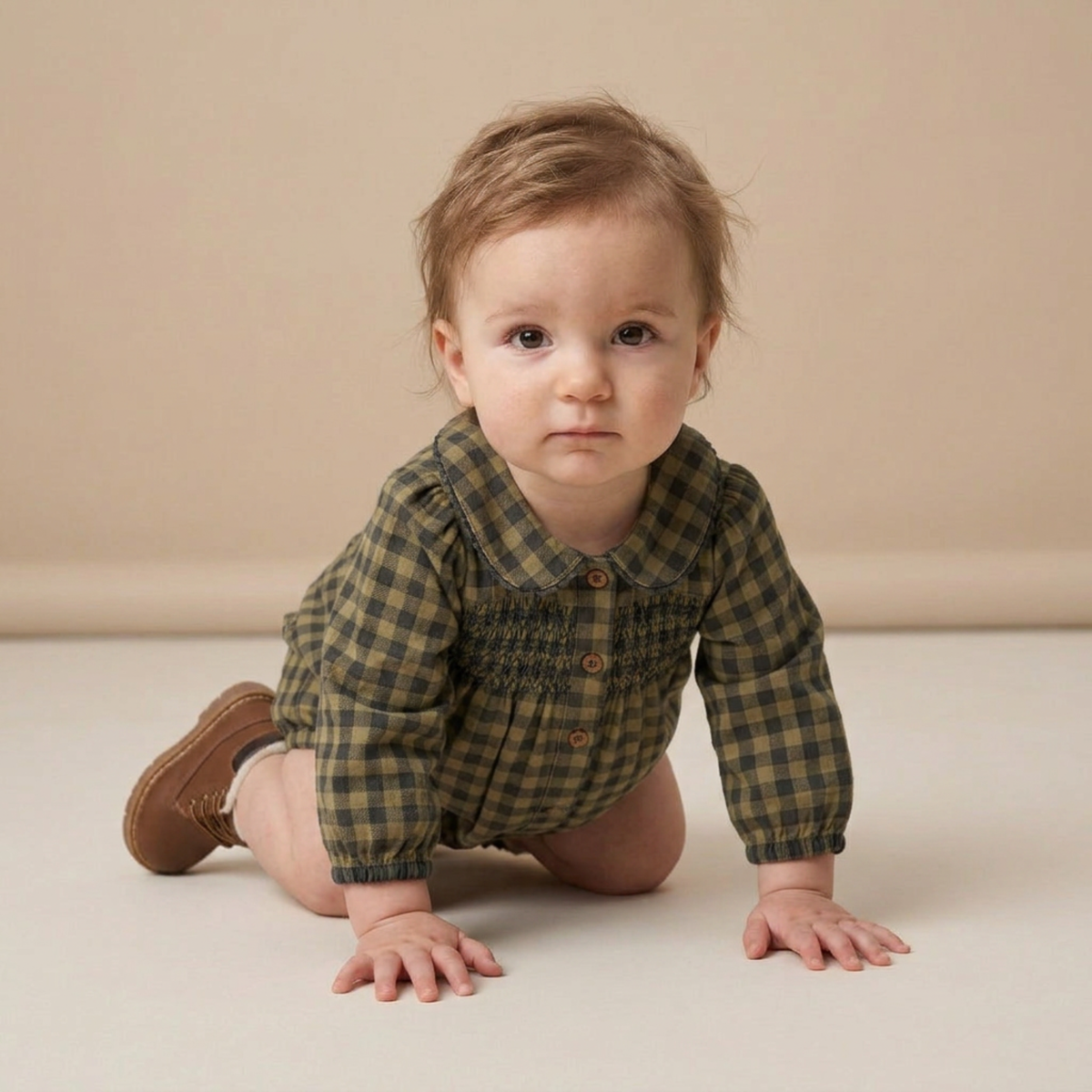 Organic Cotton Smocked Long Sleeve Bubble Romper for Babies – Olive Gingham