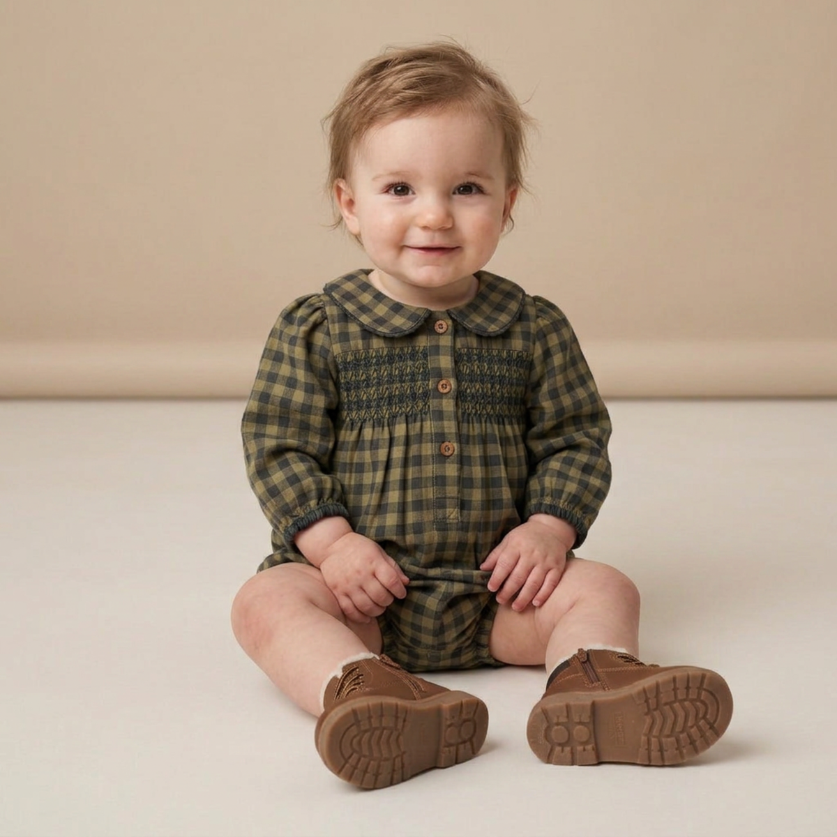 Organic Cotton Smocked Long Sleeve Bubble Romper for Babies – Olive Gingham