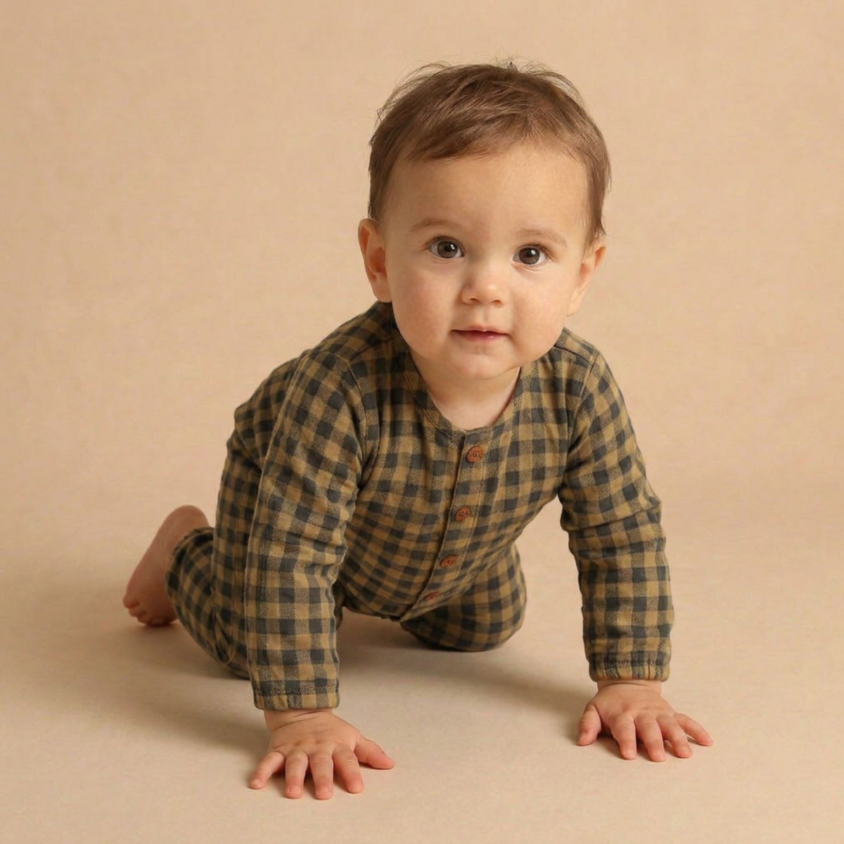 Organic Cotton Twill Long Sleeve Button Romper for Babies – Olive Gingham