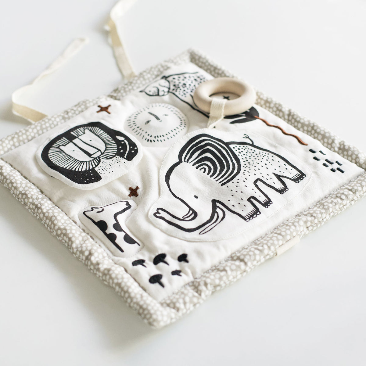 Wee Gallery Organic Cotton Baby Activity Pad – Safari (Crinkle, Rattle & Maple Teether)