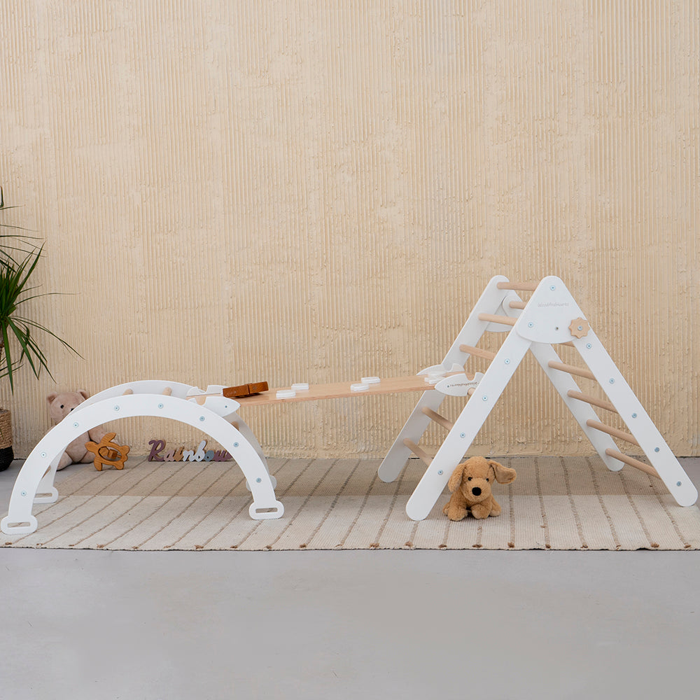 Wood and Hearts Eco-Friendly Wooden Montessori Climbing 3-in-1 Set | Foldable Triangle, Climbing Arch, Rocker Board