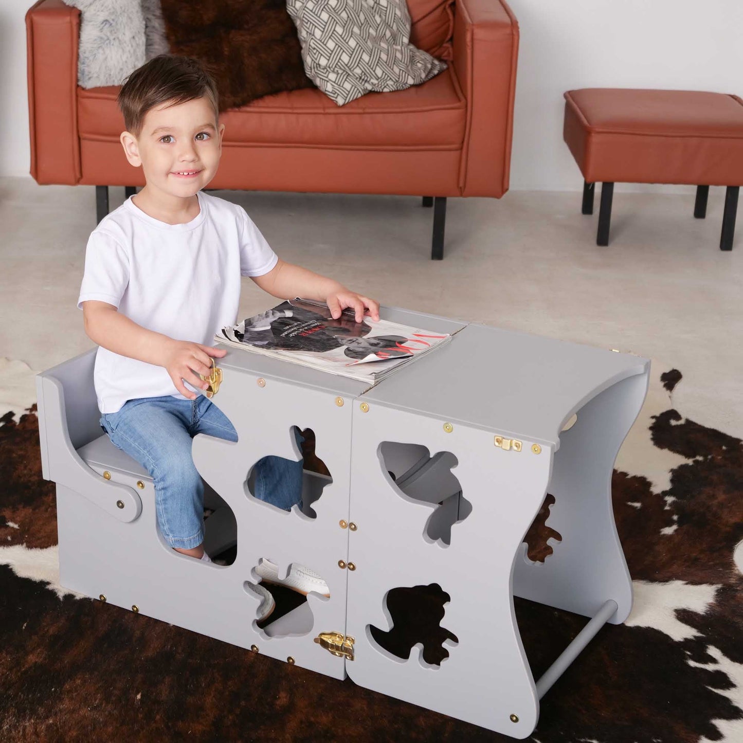 Wood and Hearts Eco-Friendly Wooden Convertible Kids' Kitchen Tower Step Stool Table and Chair