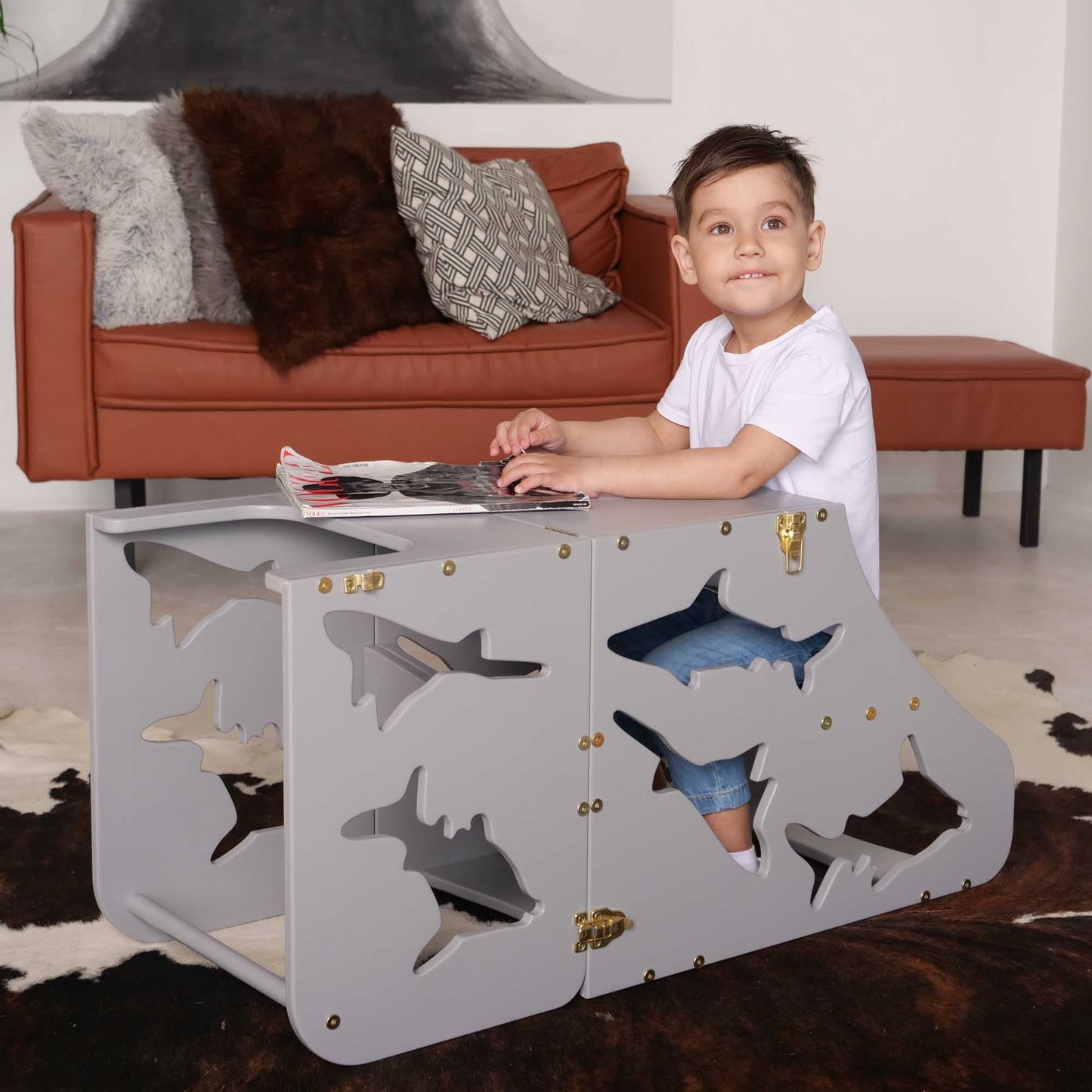 Wood and Hearts Eco-Friendly Wooden Convertible Kids' Kitchen Tower Step Stool Table and Chair