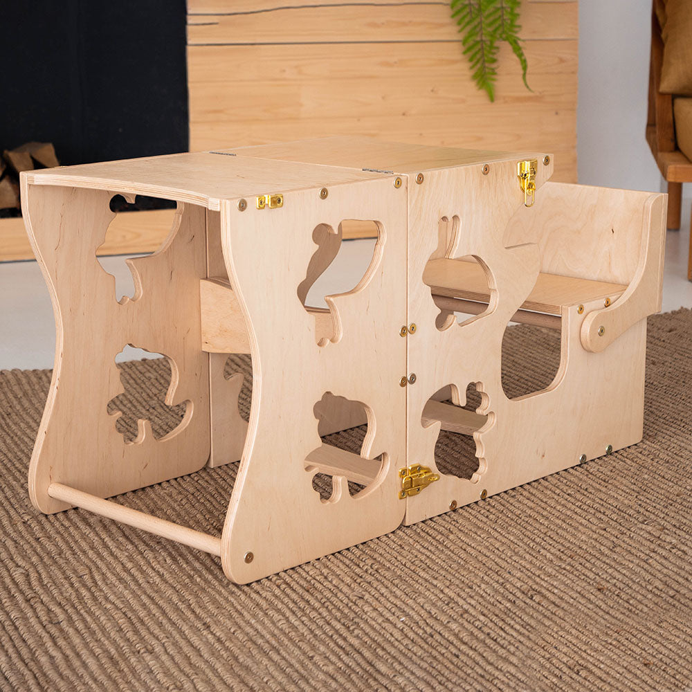 Wood and Hearts Eco-Friendly Wooden Convertible Kids' Kitchen Tower Step Stool Table and Chair