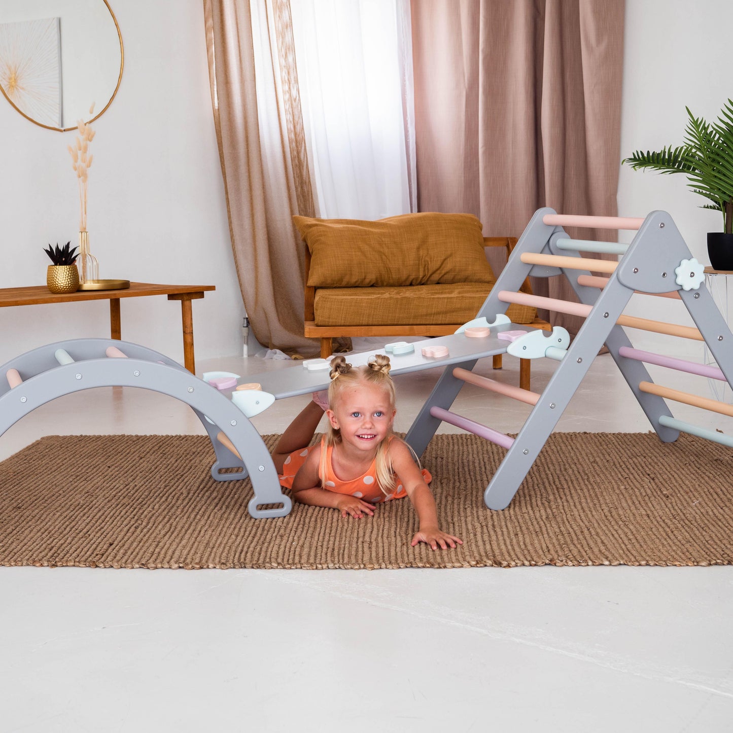 Wood and Hearts Eco-Friendly Wooden Montessori Climbing 3-in-1 Set | Foldable Triangle, Climbing Arch, Rocker Board