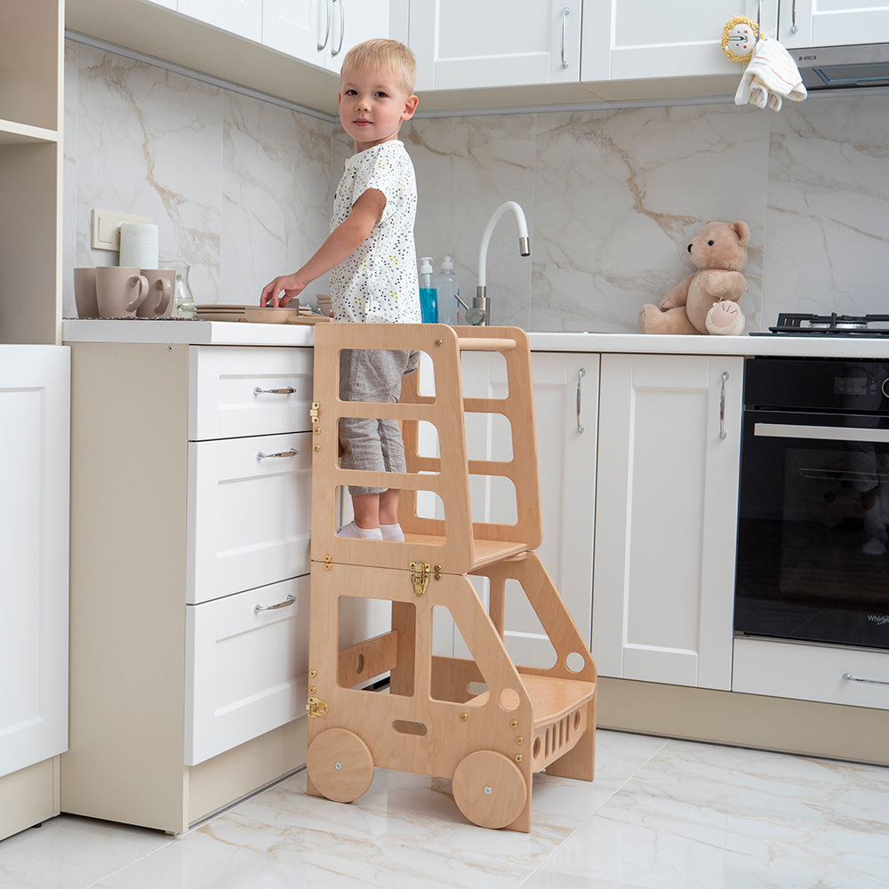 Wood and Hearts Eco-Friendly Wooden Convertible Kids' Kitchen Tower Step Stool Table and Chair