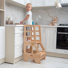 Load image into Gallery viewer, Wood and Hearts Eco-Friendly Wooden Convertible Kids&#39; Kitchen Tower Step Stool Table and Chair
