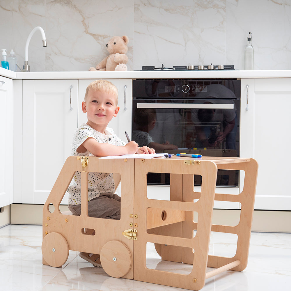 Wood and Hearts Eco-Friendly Wooden Convertible Kids' Kitchen Tower Step Stool Table and Chair