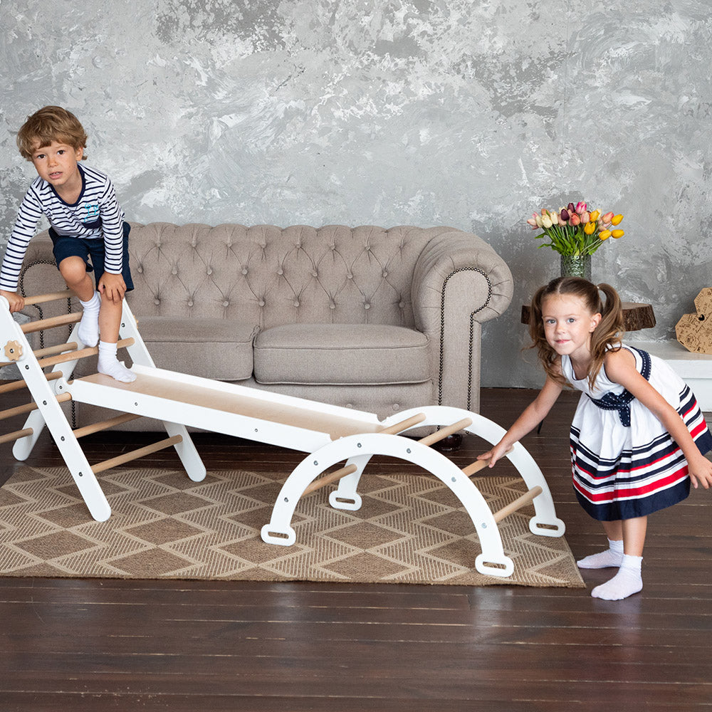 Wood and Hearts Eco-Friendly Wooden Montessori Climbing 3-in-1 Set | Foldable Triangle, Climbing Arch, Rocker Board