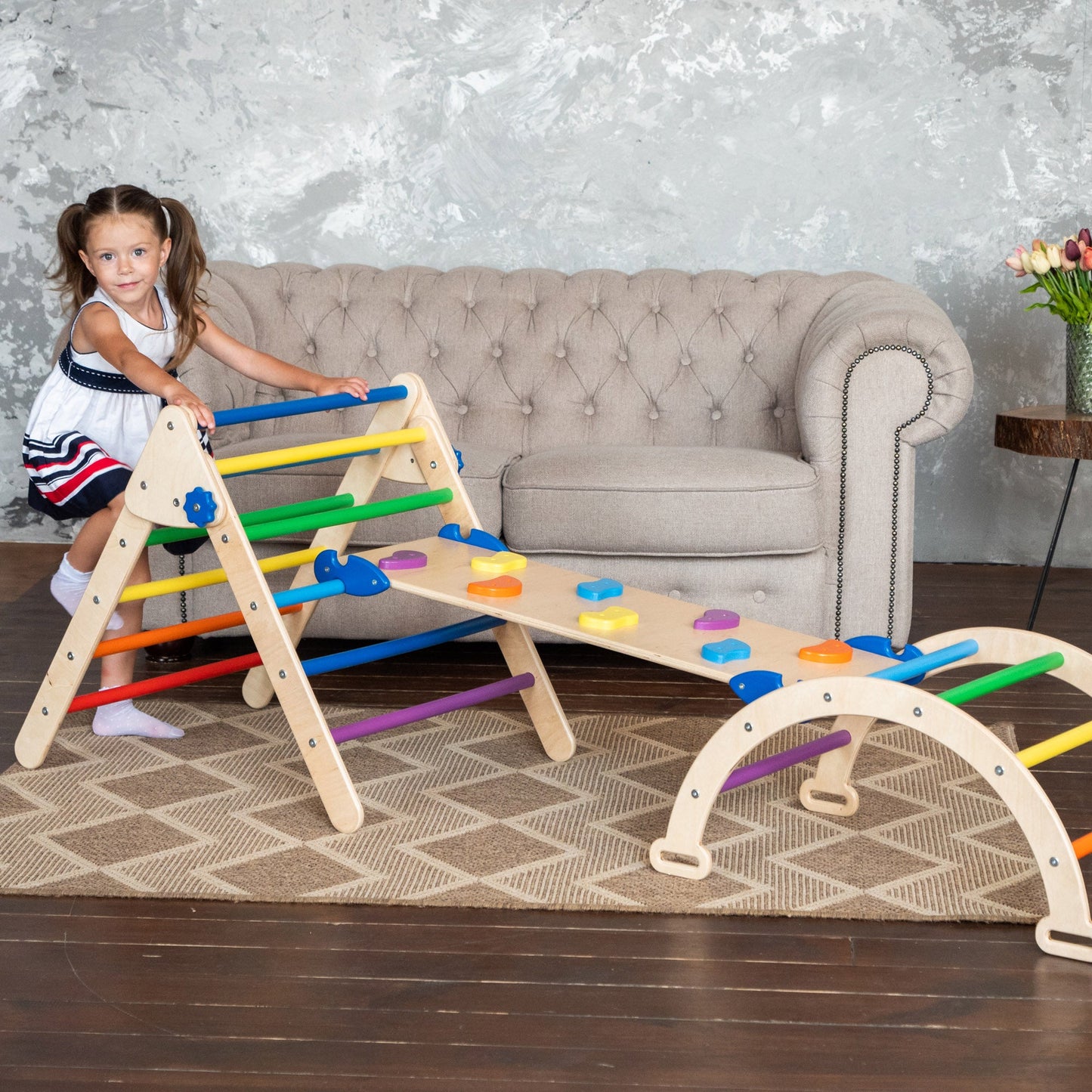 Wood and Hearts Eco-Friendly Wooden Montessori Climbing 3-in-1 Set | Foldable Triangle, Climbing Arch, Rocker Board