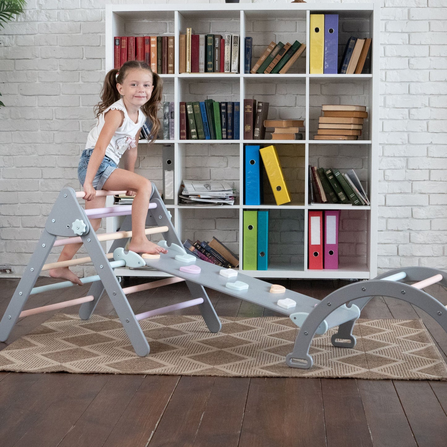 Wood and Hearts Eco-Friendly Wooden Montessori Climbing 3-in-1 Set | Foldable Triangle, Climbing Arch, Rocker Board