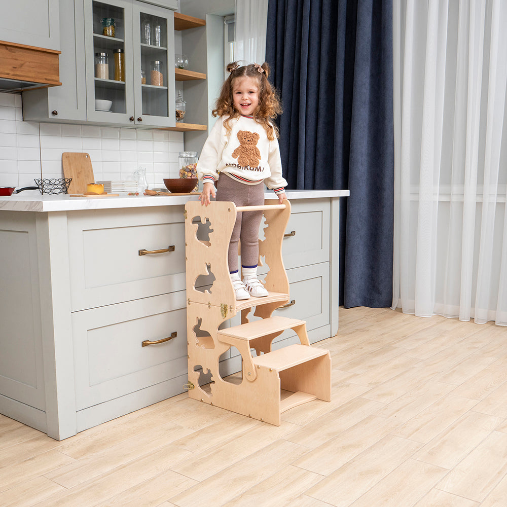 Wood and Hearts Eco-Friendly Wooden Convertible Kids' Kitchen Tower Step Stool Table and Chair