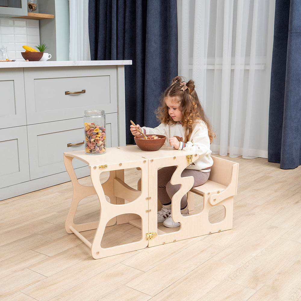 Wood and Hearts Eco-Friendly Wooden Convertible Kids' Kitchen Tower Step Stool Table and Chair