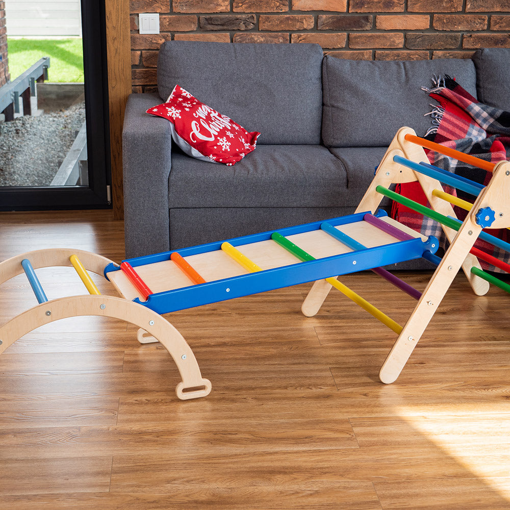 Wood and Hearts Eco-Friendly Wooden Montessori Climbing 3-in-1 Set | Foldable Triangle, Climbing Arch, Rocker Board