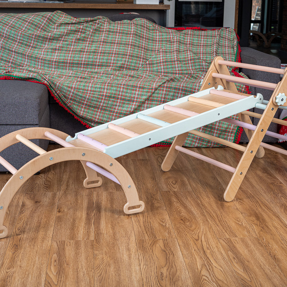 Wood and Hearts Eco-Friendly Wooden Montessori Climbing 3-in-1 Set | Foldable Triangle, Climbing Arch, Rocker Board