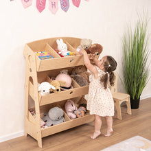 Load image into Gallery viewer, little girl reaching for toys from eco-friendly non-toxic wooden montessori toy organizer shelves by wood and hearts
