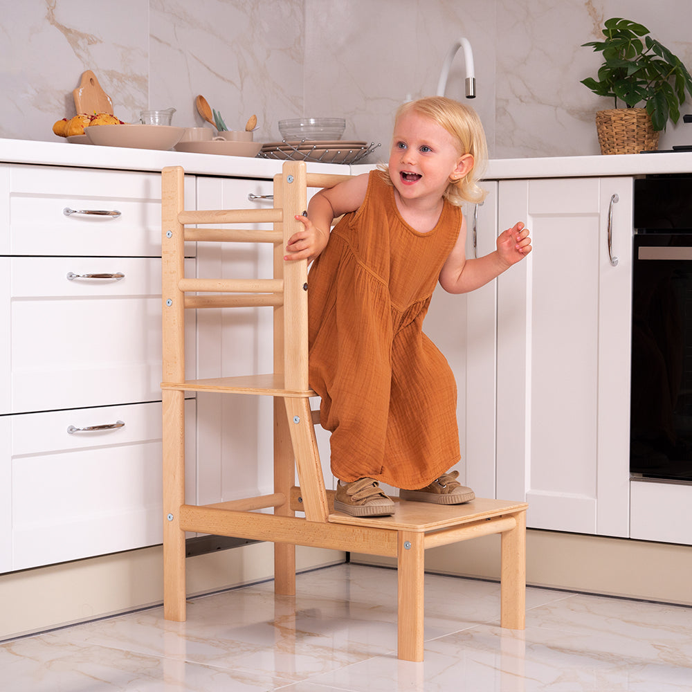 Wood and Hearts Eco-Friendly Natural Wooden Toddler Convertible Tower Step Stool