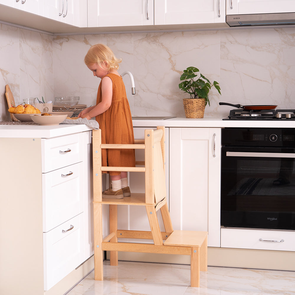Wood and Hearts Eco-Friendly Natural Wooden Toddler Convertible Tower Step Stool