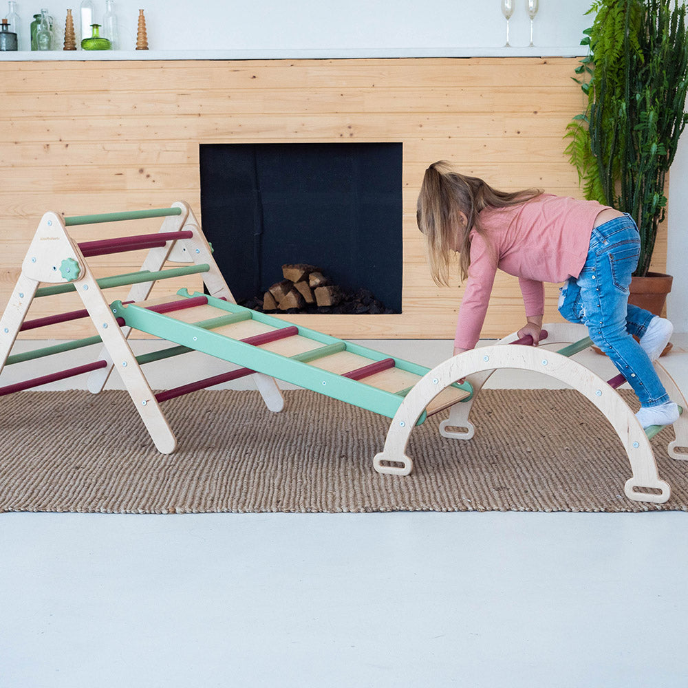 Wood and Hearts Eco-Friendly Wooden Montessori Climbing 3-in-1 Set | Foldable Triangle, Climbing Arch, Rocker Board