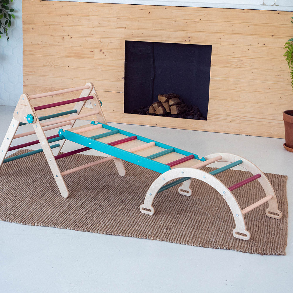 Wood and Hearts Eco-Friendly Wooden Montessori Climbing 3-in-1 Set | Foldable Triangle, Climbing Arch, Rocker Board