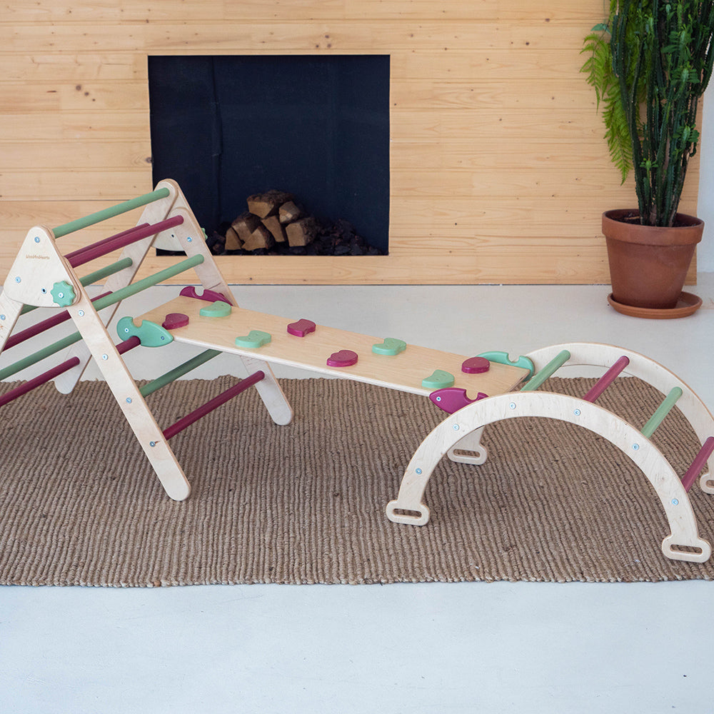 Wood and Hearts Eco-Friendly Wooden Montessori Climbing 3-in-1 Set | Foldable Triangle, Climbing Arch, Rocker Board