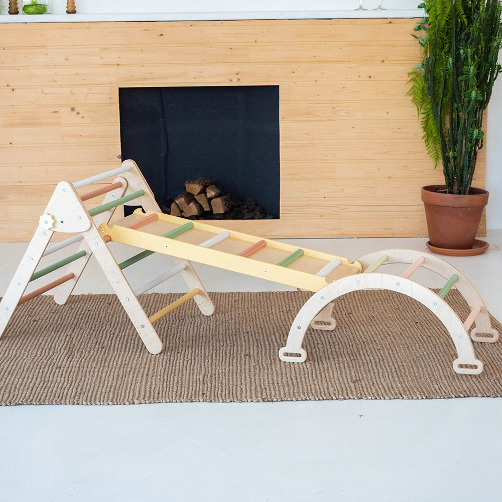 Wood and Hearts Eco-Friendly Wooden Montessori Climbing 3-in-1 Set | Foldable Triangle, Climbing Arch, Rocker Board
