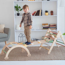 Load image into Gallery viewer, Wood and Hearts Eco-Friendly Wooden Montessori Climbing 3-in-1 Set | Foldable Triangle, Climbing Arch, Rocker Board
