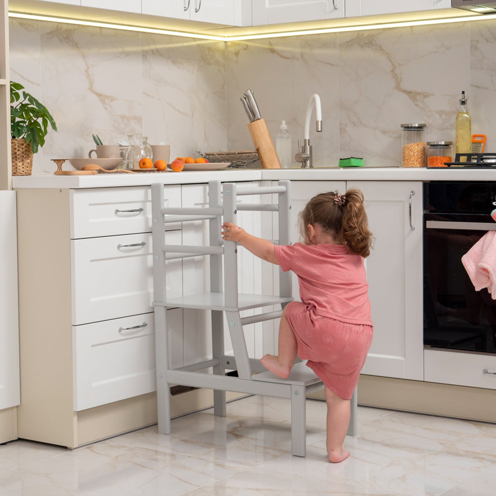 Wood and Hearts Eco-Friendly Natural Wooden Toddler Convertible Tower Step Stool