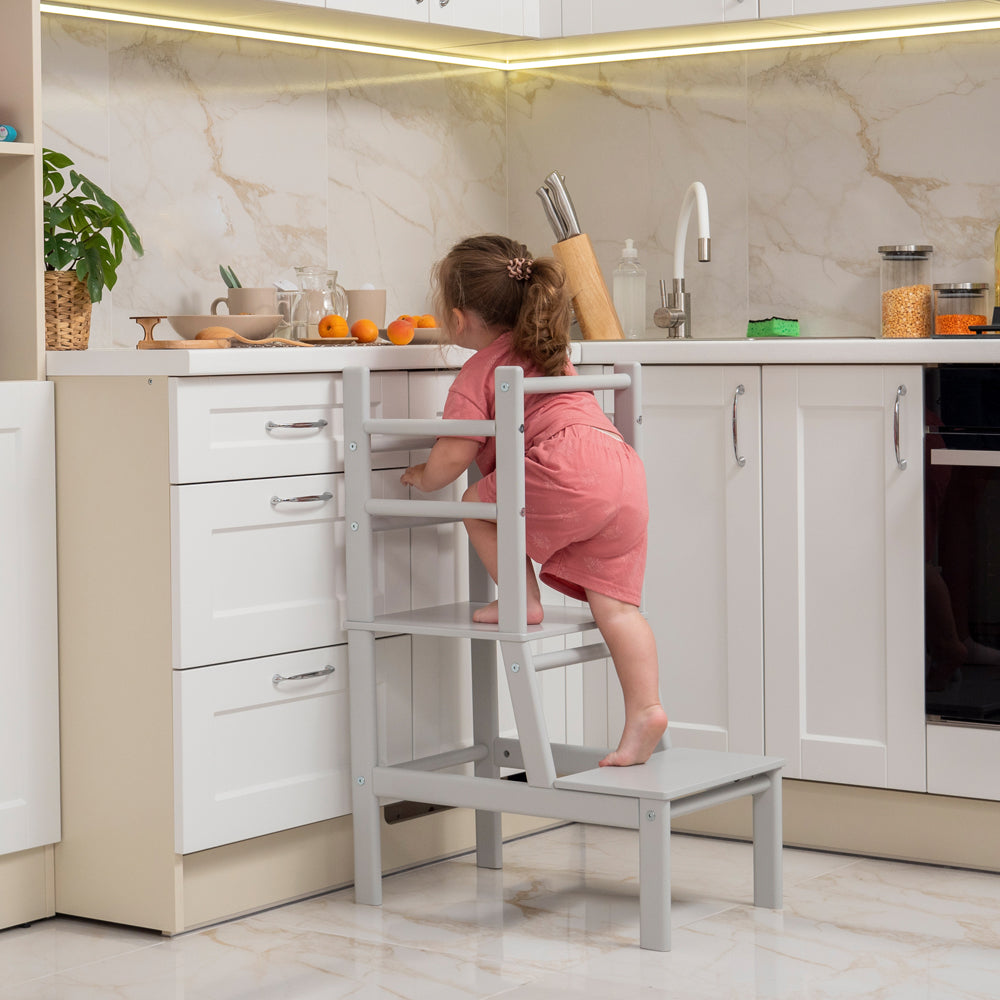 Wood and Hearts Eco-Friendly Natural Wooden Toddler Convertible Tower Step Stool